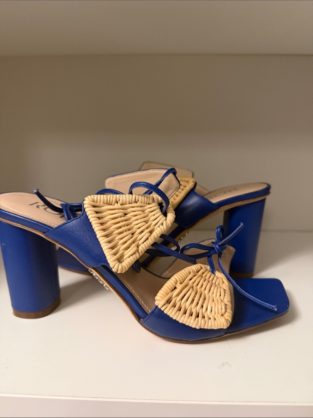 Rado Blue Block Heel Sandals with Woven Triangle Accents